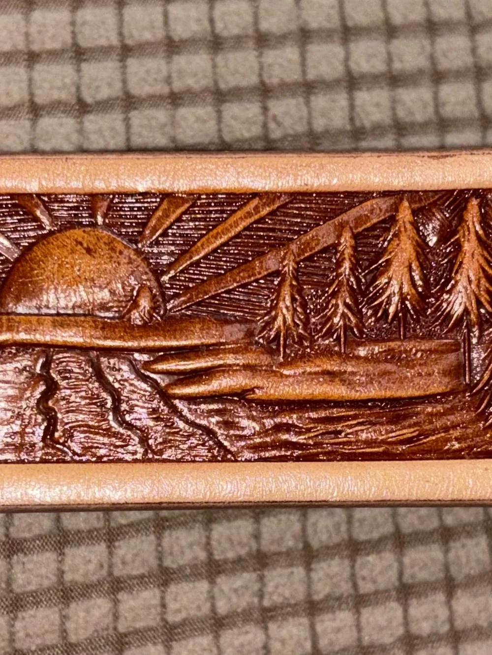Boy Scout Tooled Brown Leather Belt with logo Buckle and designs marked size 50